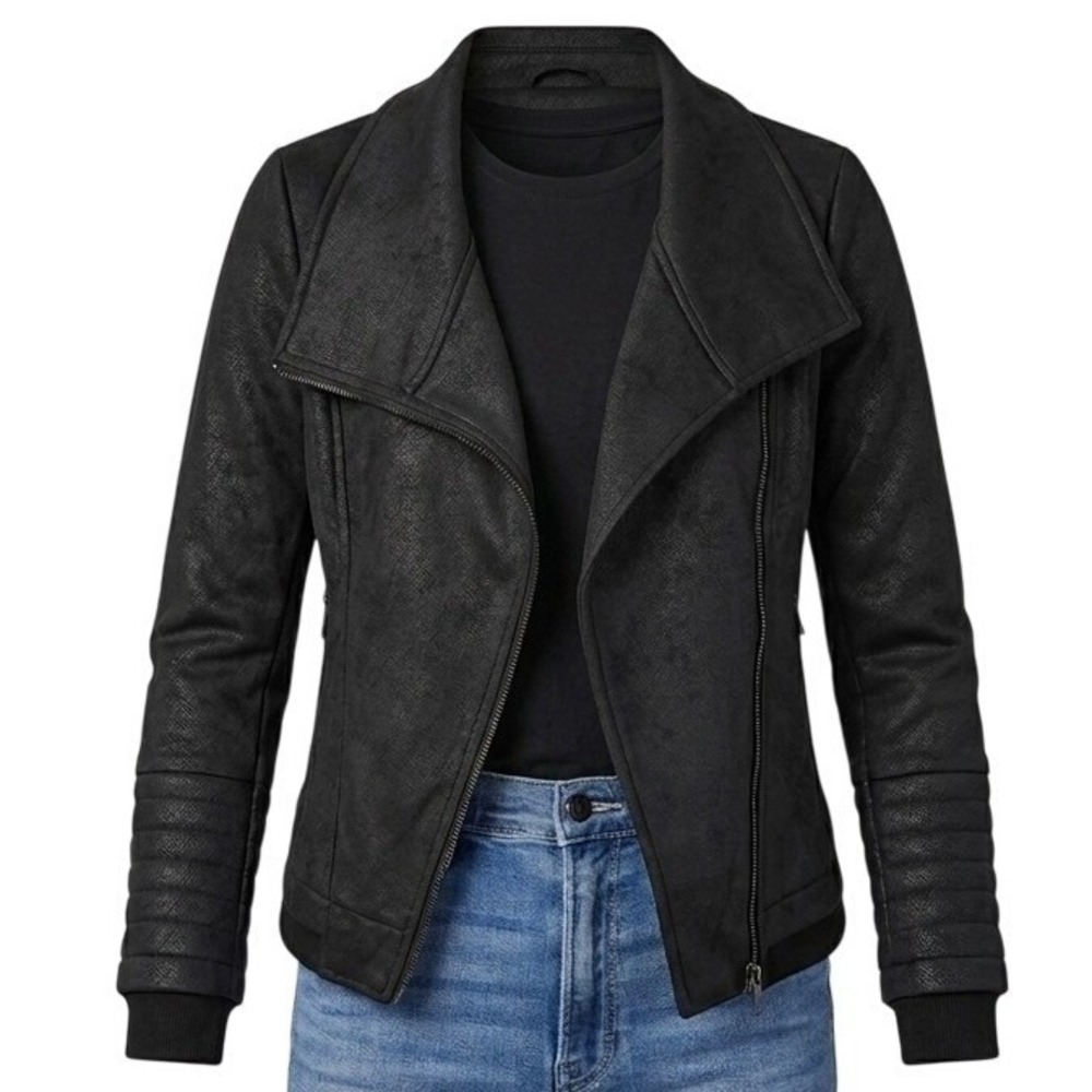 Womens NWOT Black Coated Faux Leather Asymmetric Moto Biker Jacket Large
